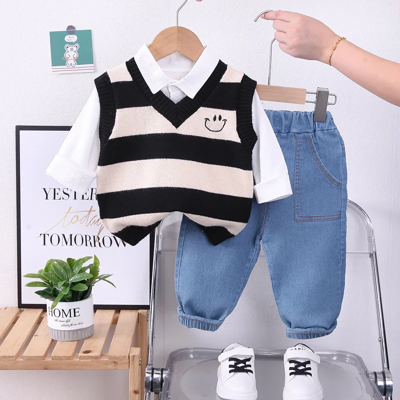 Toddler Boy Striped Vest, Shirt & Jeans Set 1