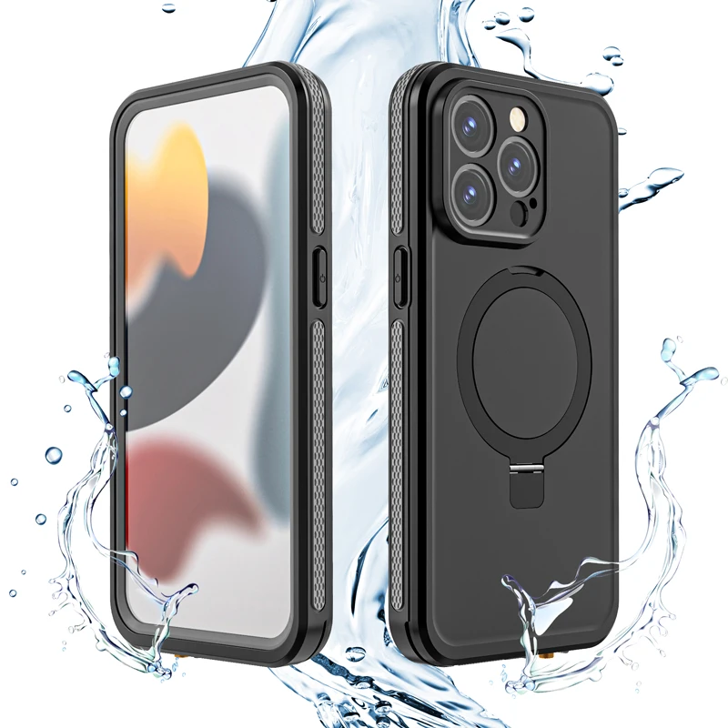 

ShellBox Metal Kickstand Waterproof Case For iPhone 15 Pro Max 360 Full Body Drop Resistant Wireless Charing Dustproof Cover