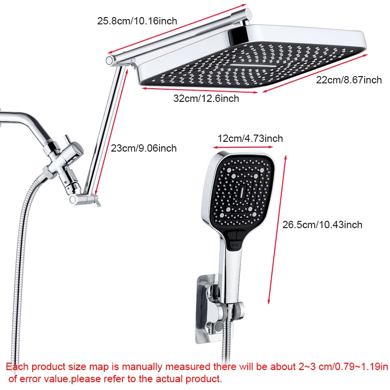 1set household Large panel Shower Top, Handheld Shower Head, Wall Mounted With Adjustable Extension Shower Arm 6