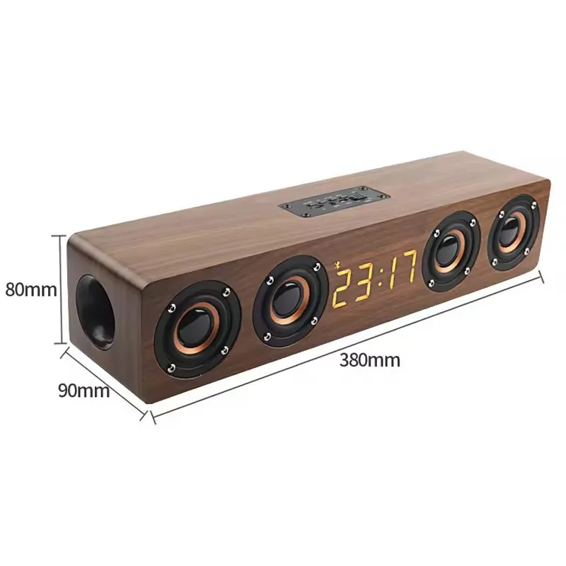W8C 12W Wooden Bluetooth Speaker With 4 Loudspeakers 52mm Diameter TF Card Playback 3.5mm AUX Audio Input FM Radio Clock_voghion.com