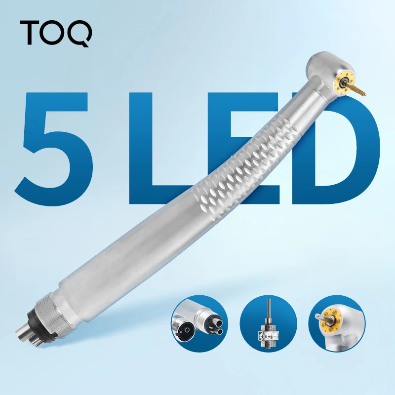 TOQ Dental Hochgeschwindigkeits-Handstück mit 5 LED Schattenfreien Leuchten, Dreifach-Wasserspray, Luftturbine, Druckknopf für Zahnarztpraxen und Chirurgische Eingriffe