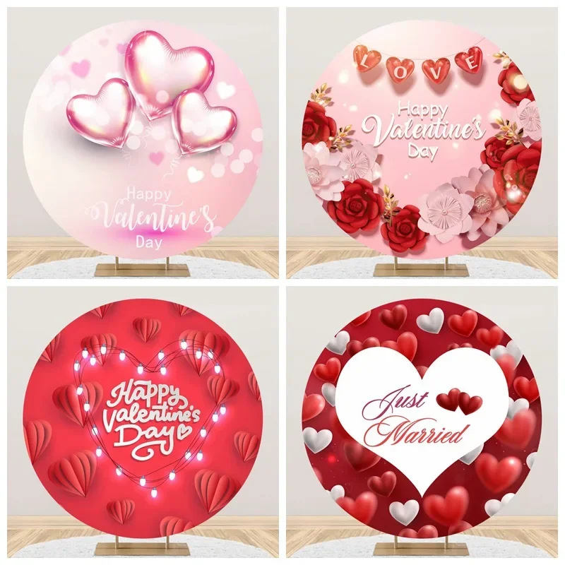 

February 14 Valentine's Day Round Backdrop Cover Red Heart Lover Anniversary Party Photography Background Cake Table Decor Props