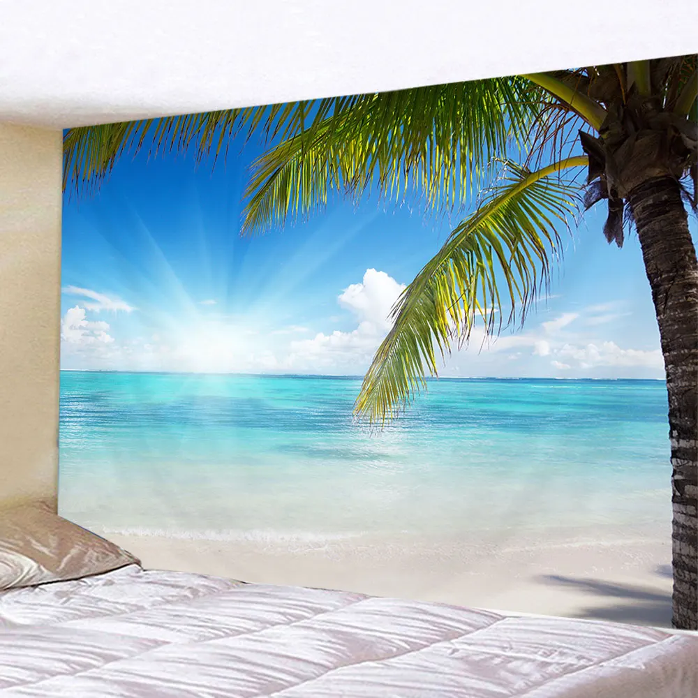 Beach Landscape Decorative Tapestry Seaside Coconut Tree Wall Hanging Art Deco Tapestry Decorations