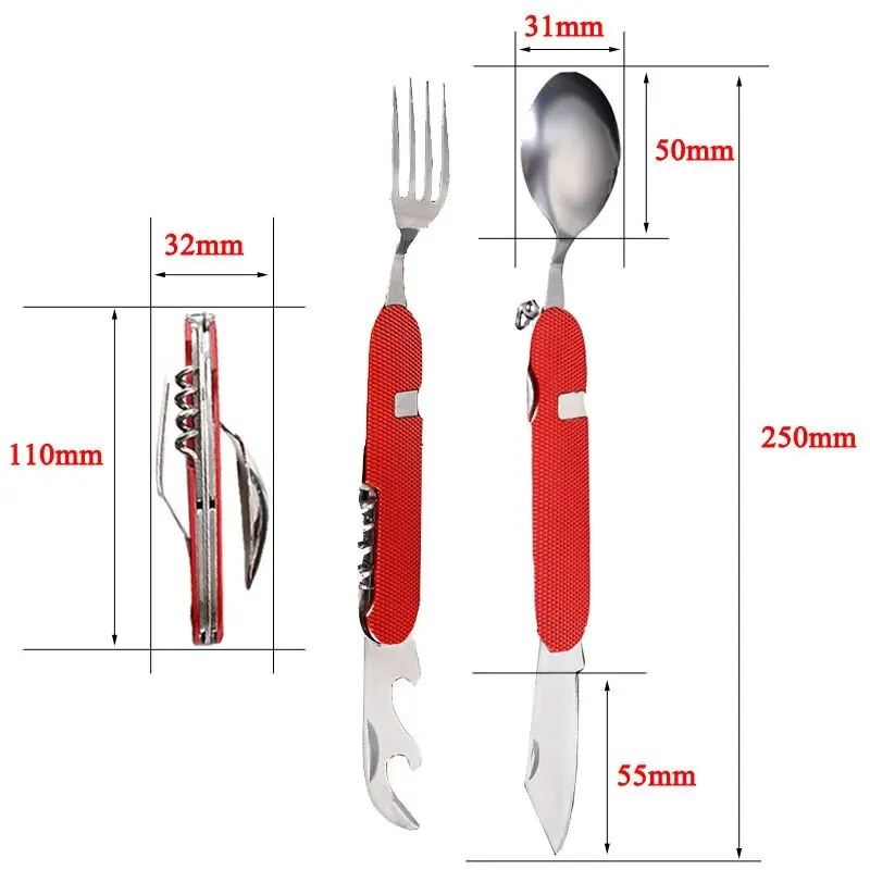 4-In-1 Stainless Steel Tableware Set Foldable Knife Spoon Fork Bottle Opener Outdoor Camping Fruit Knife Folding tableware set