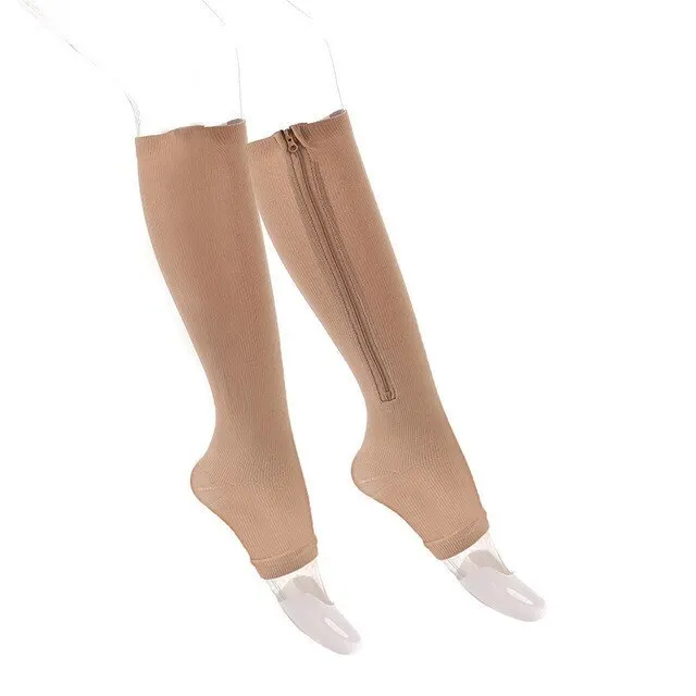 Compression Socks Men Women Support Knee Zipper Female Open Toe Thin Anti Fatigue Stretchy Sox High Socks Unisex