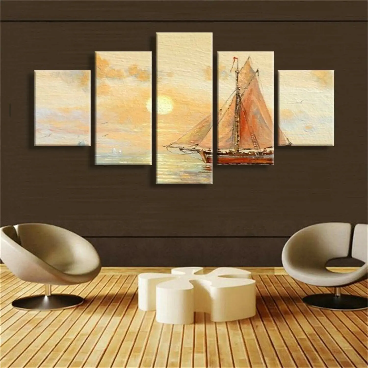 

Sailboat Sunrise 5 Piece Art Poster Canvas Wall Art Home Decor Unframed 5 Panel HD Print Pictures No Framed Room Decor Paintings