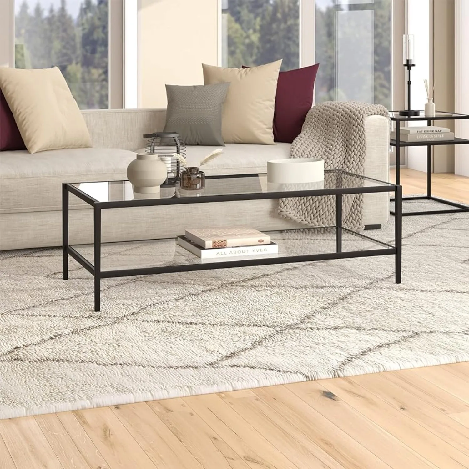 

54" Wide Rectangular Coffee Table with Glass Shelf in Blackened Bronze, Modern coffee tables for living room, 24"D x 54"W x 17"H