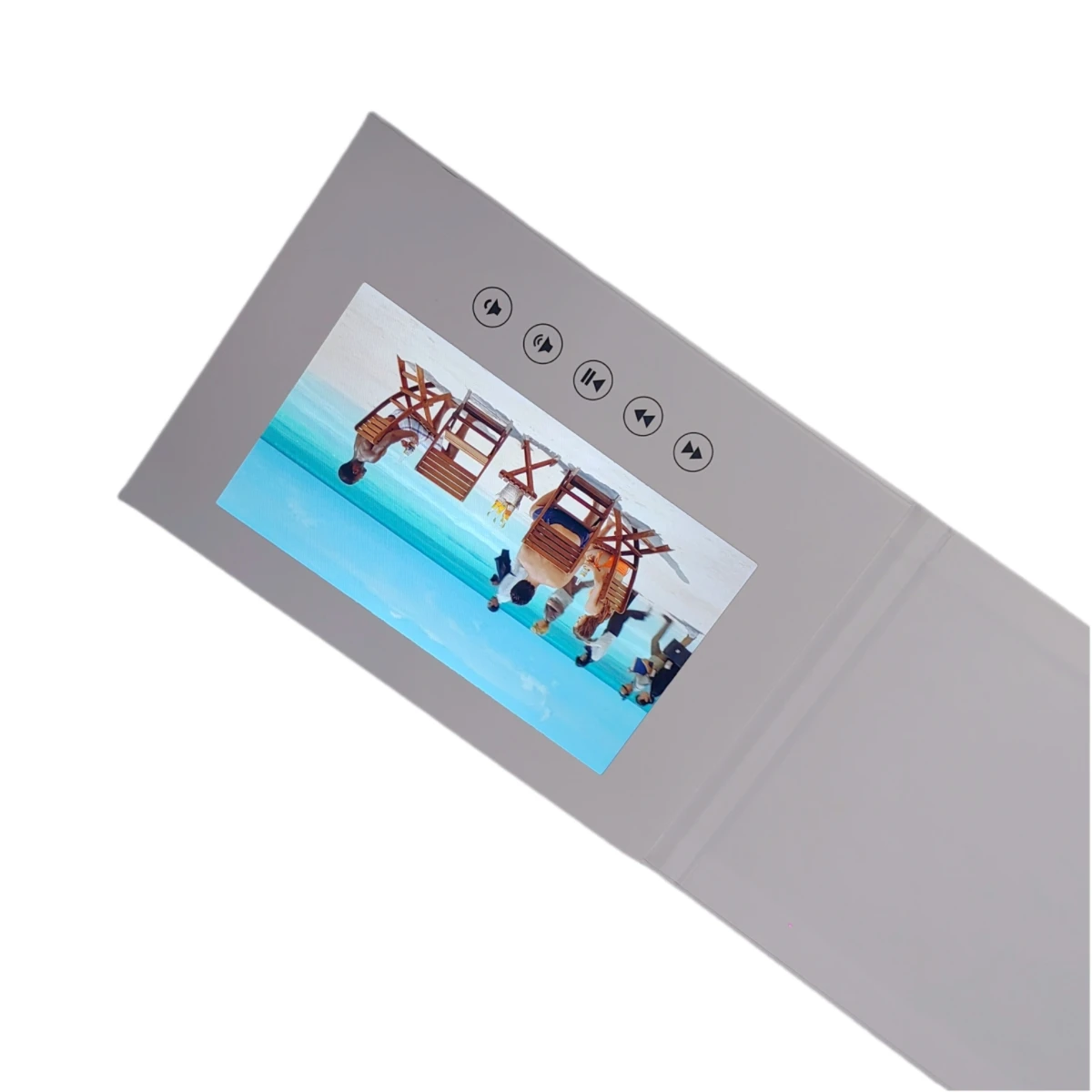 All white 7 inches hard cover video brochure with IPS screen 4G memory 2000mah battery magnet activation 5 buttons
