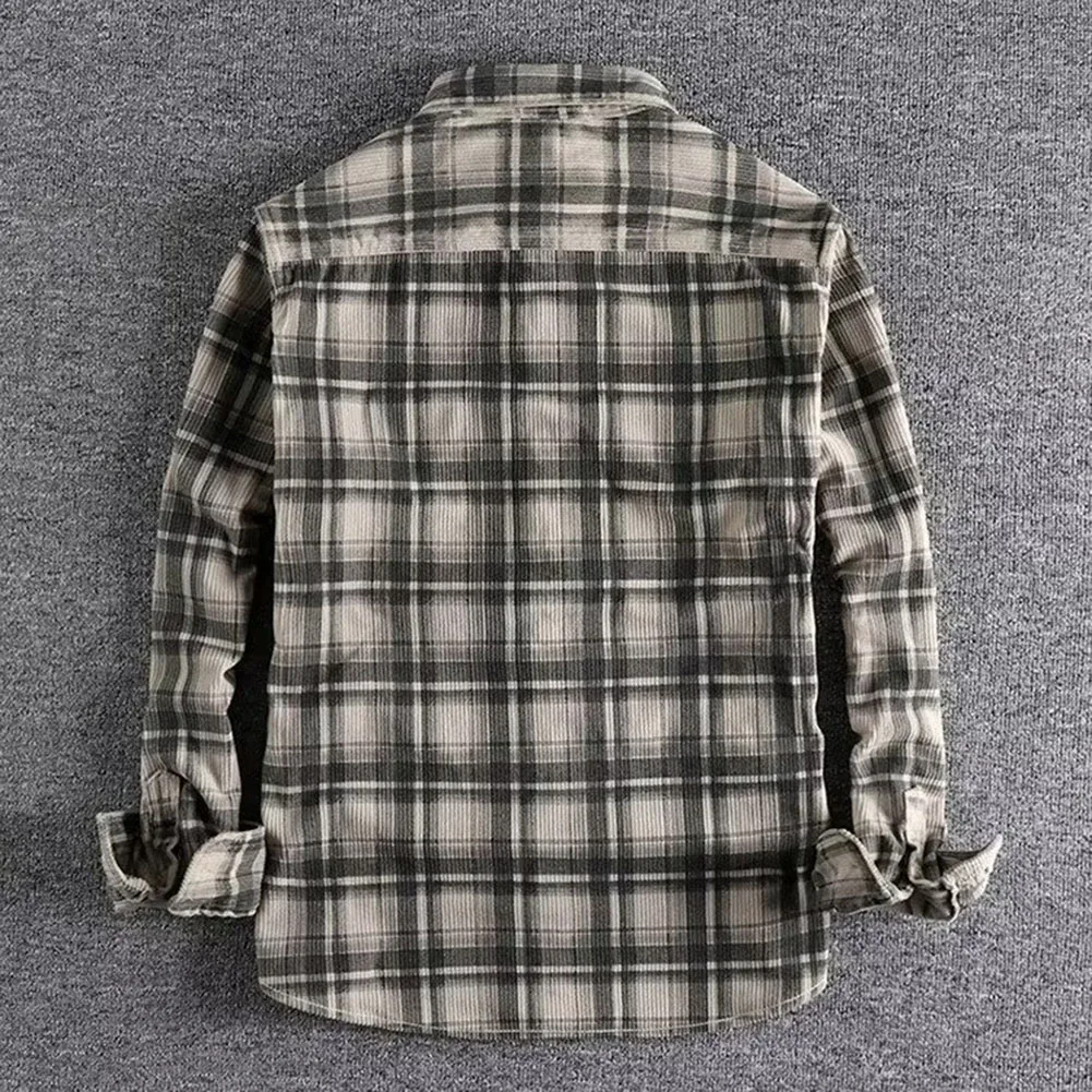 Fashion Vintage Men Classic Long Sleeve Plaid Shirts Lapel Collar Pocket Washed Corduroy All-Match Shirt Coat Tops Man Clothes