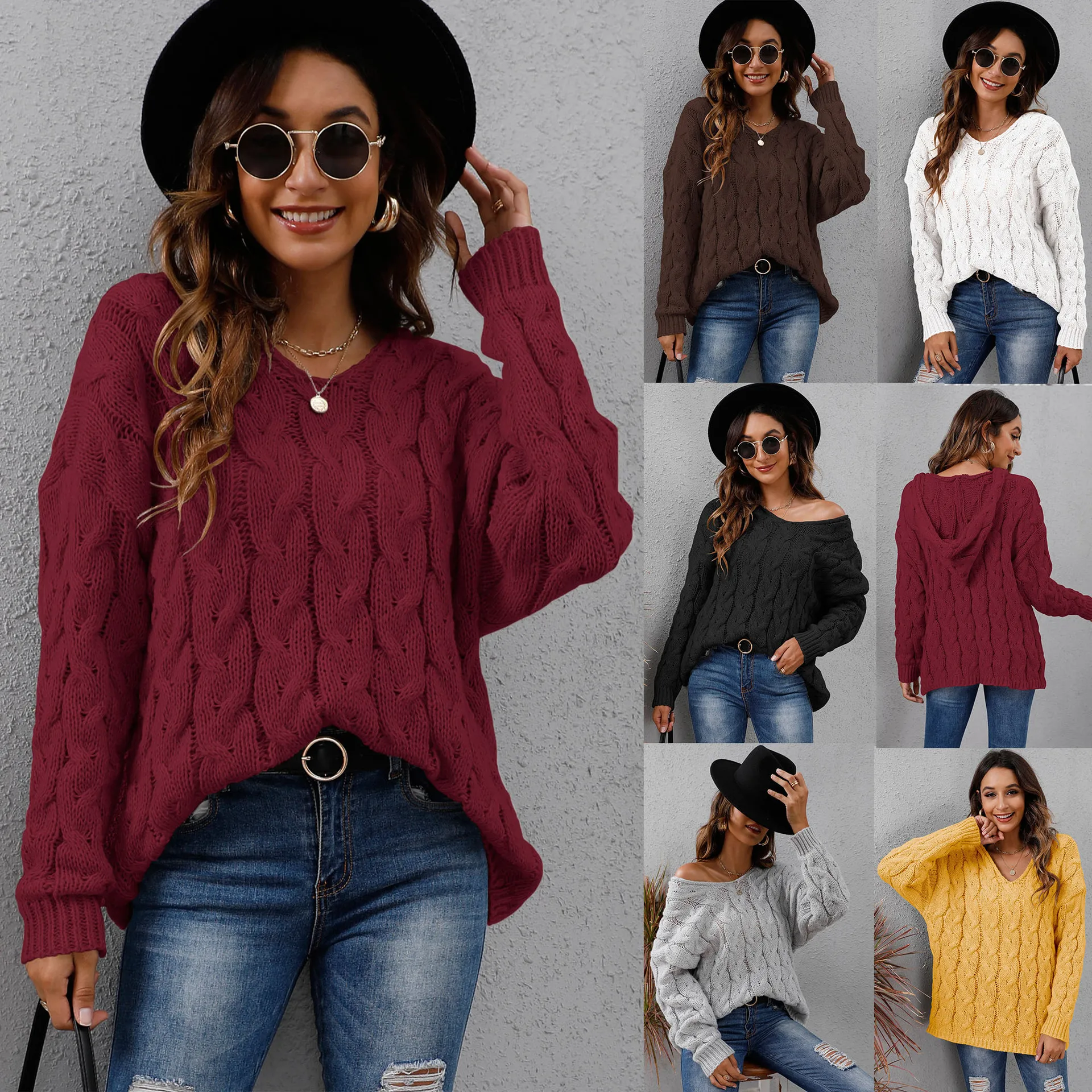 Women Thick Knitted V Neck Pullover Sweater Autumn Winter