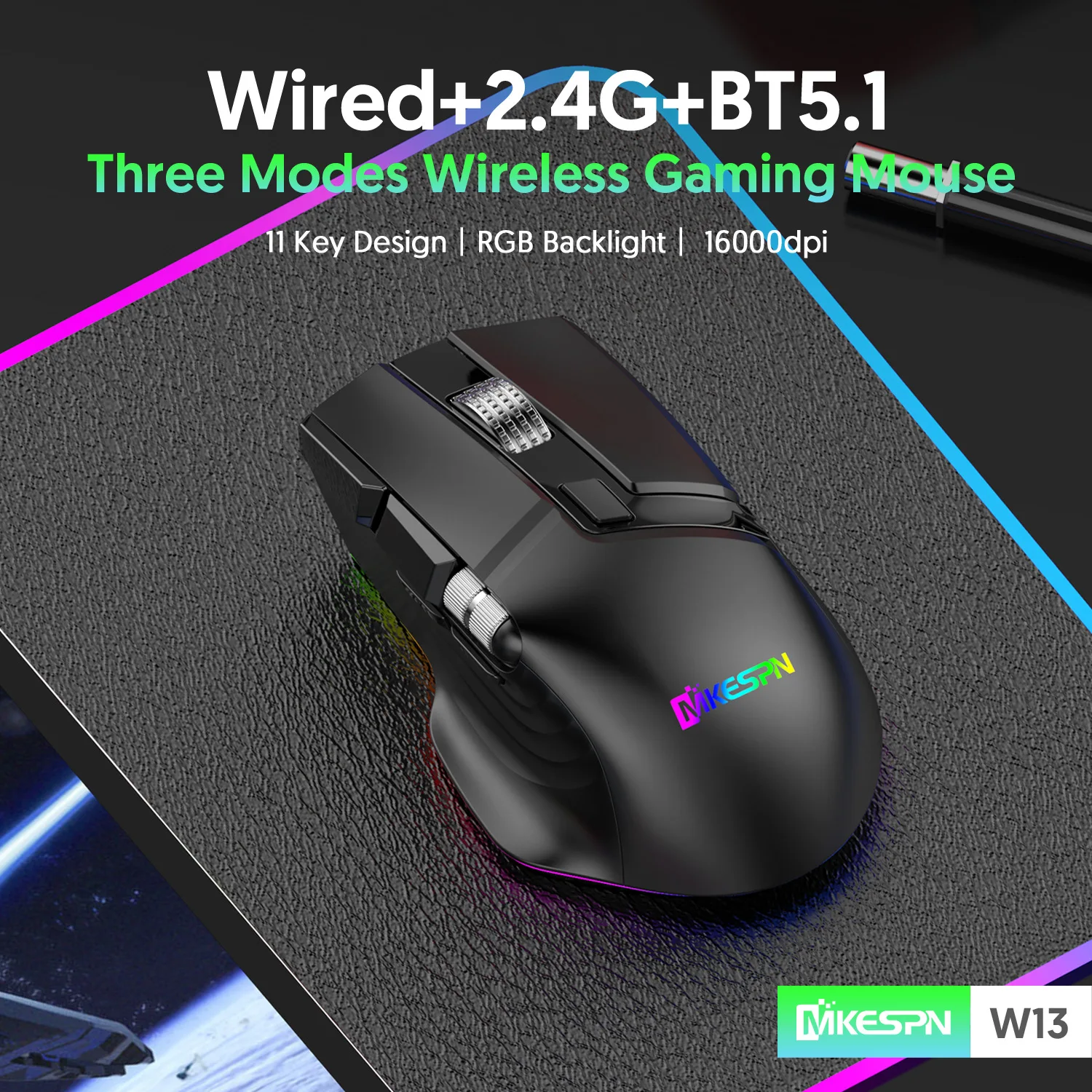 Mouse sem Fio Triplo Modo Gaming Roda de Rolagem Dupla Swinging Definição Macro Rgb Mouse Anti-slip 16000 Dpi 10 Botão
