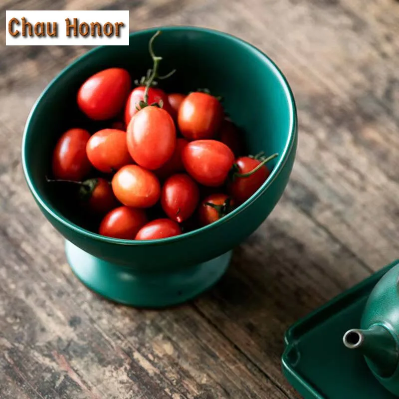 Japanese Style Turquoise Coarse Ceramic Creativity Tall Feet Plate Modern Nut Snack Dishes Coffee Table Desktop Dessert Plates