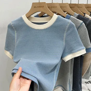 AOSSVIAO 2025 الصيف المشارب كتلة اللون تي شيرت س الرقبة سليم صالح قصيرة الأكمام المحملة للنساء الكورية نمط بسيط قاعدة طبقة علوية 2