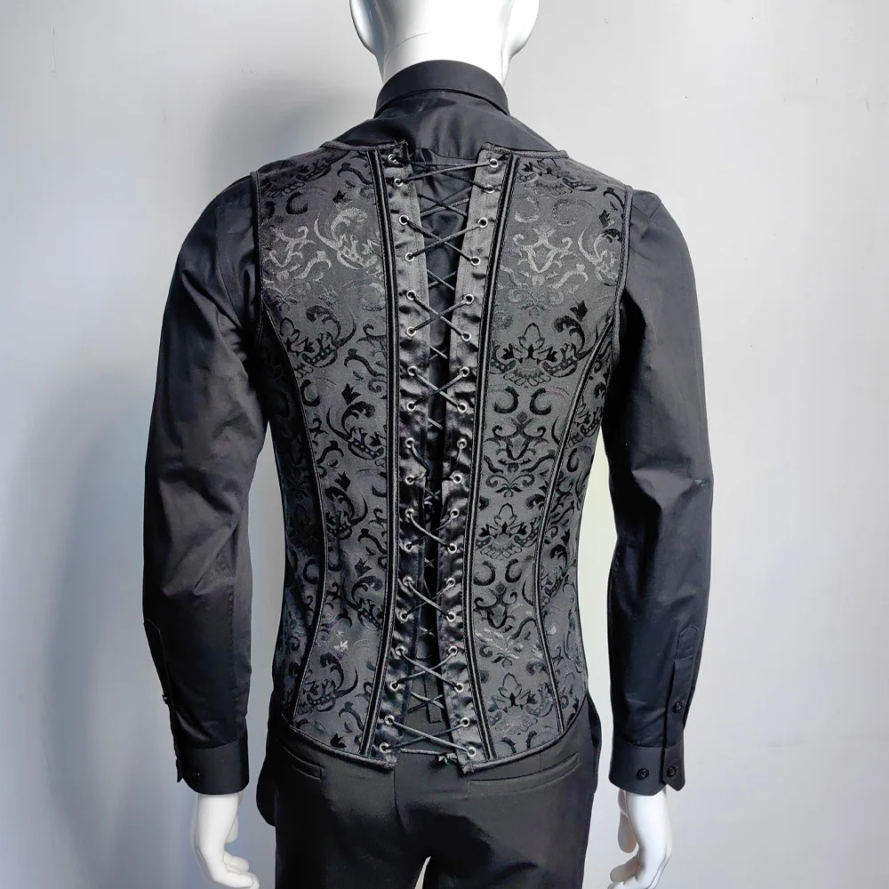 Description Picture 6 of itemMen Corset Vest Vintage Dress Waistcoat Waist Trainer Lace Up Boned Formal Tops For Wedding Stage Costumer All Black Print Tops