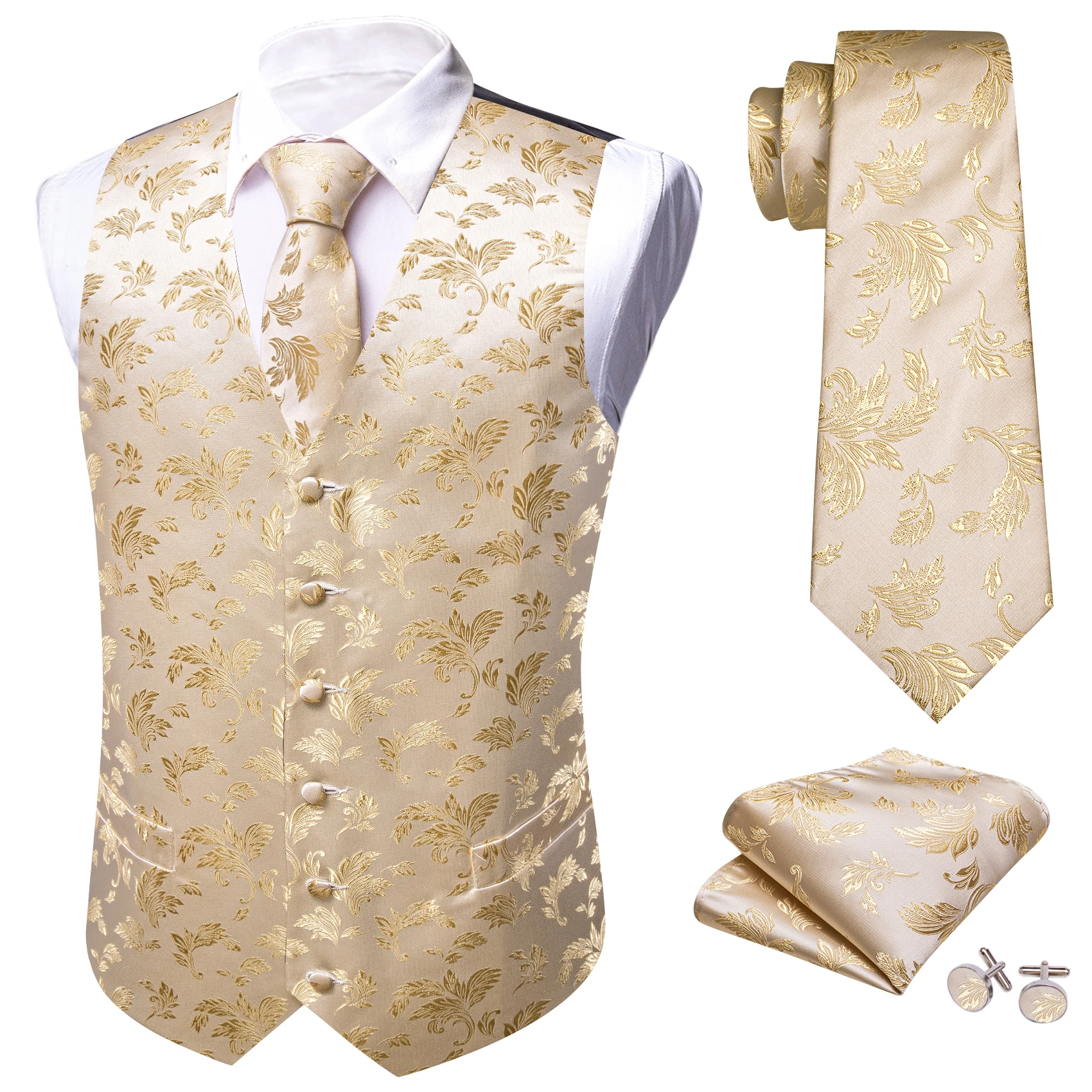 Luxury Silk Mens Vest Gold Beige Flower Embroidered Waistcoat Tie Set Wedding Business Party Suits Sleeveless Jacket