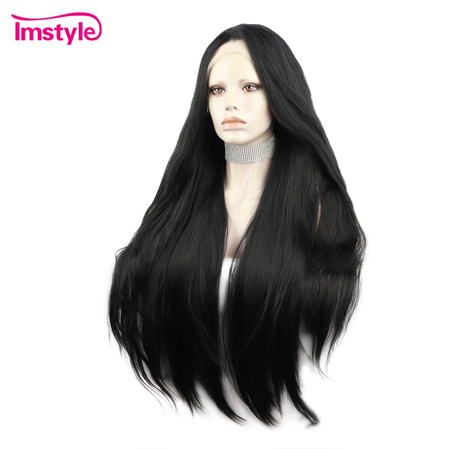 IMSTYLE-Perruque Lace Front Synthétique Noire de Jais, Postiche Long et Droit de 30 Pouces pour Femme Noire, Degré de Chaleur, 03/Cosplay