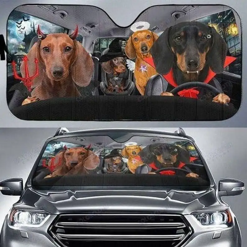 

Four Dachshud Dogs Halloween Driving Car Wonderful Car Decor Sunshade For Dog Lovers Windshield Sunshade