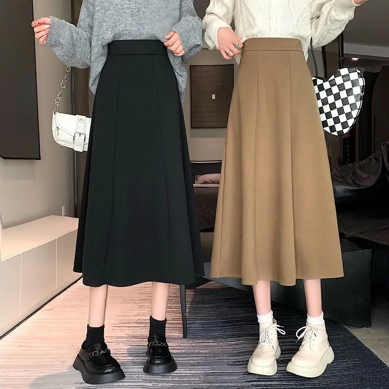 

Elegant A-Line Pleated Skirt Midi Length Women Fashion Elastics High Waist Solid Skirts Office Lady Leisure Simple Basic Skort