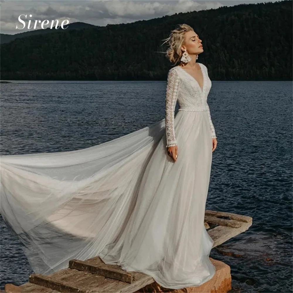 

Sirene Boho Beach Long Sleeve Lace Tulle Wedding Dress Elegant A-Line V-Neck Backless Floor Length Bridal Gown Robe de mariée