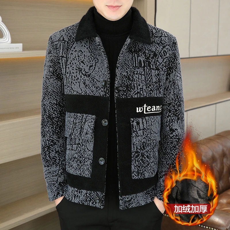 Luxury Jacquard Woolen Jacket for Men Autumn Winter Thickened and Warm Trench Coat Casual Business Streetwear Overcoat M-4XL