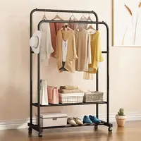 Rolling Clothes Rail Rack Garment Cloth Hanging Rack with 2 Tier Storage Shelves 1