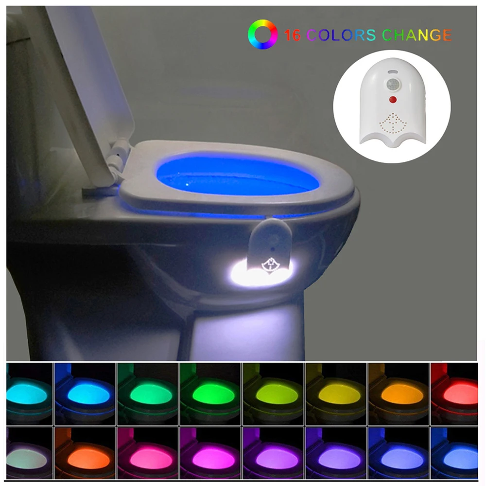 Veilleuse de toilette avec capteur de mouvement PIR intelligent,  rétroéclairage LED étanche pour cuvette de toilette, lampe de nuit WC, 8  couleurs, 16 couleurs - AliExpress
