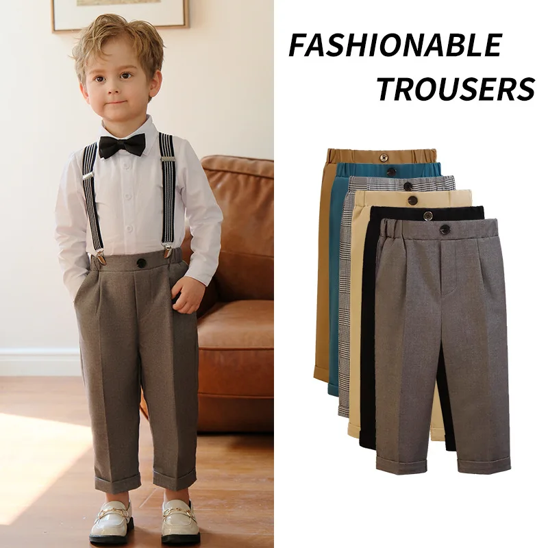 New Children Boys Suit Pants Cotton Plaid Kids Boys Casual Pants Elementary School Performance For 1-10Y Loose