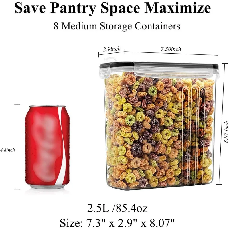 Cereal & Dry Food Storage Containers Airtight Set of 8 [2.5L / 85.4oz] for Sugar Flour