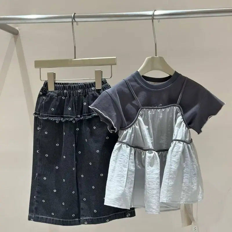 Girls' summer outfit set short sleeved camisole skirt jeans three piece set for children kids denim jeans