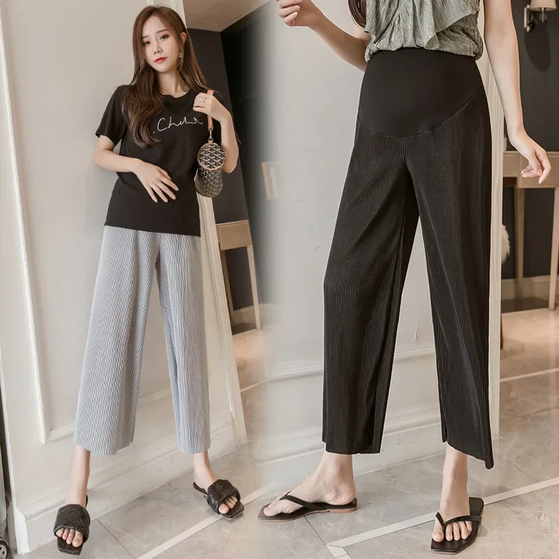 Summer Maternity Belly Trousers Thin High Waist Floor-length Pregnant Woman Pleated Pants Fashion Wide Legs Pregnancy Boot Cut 2