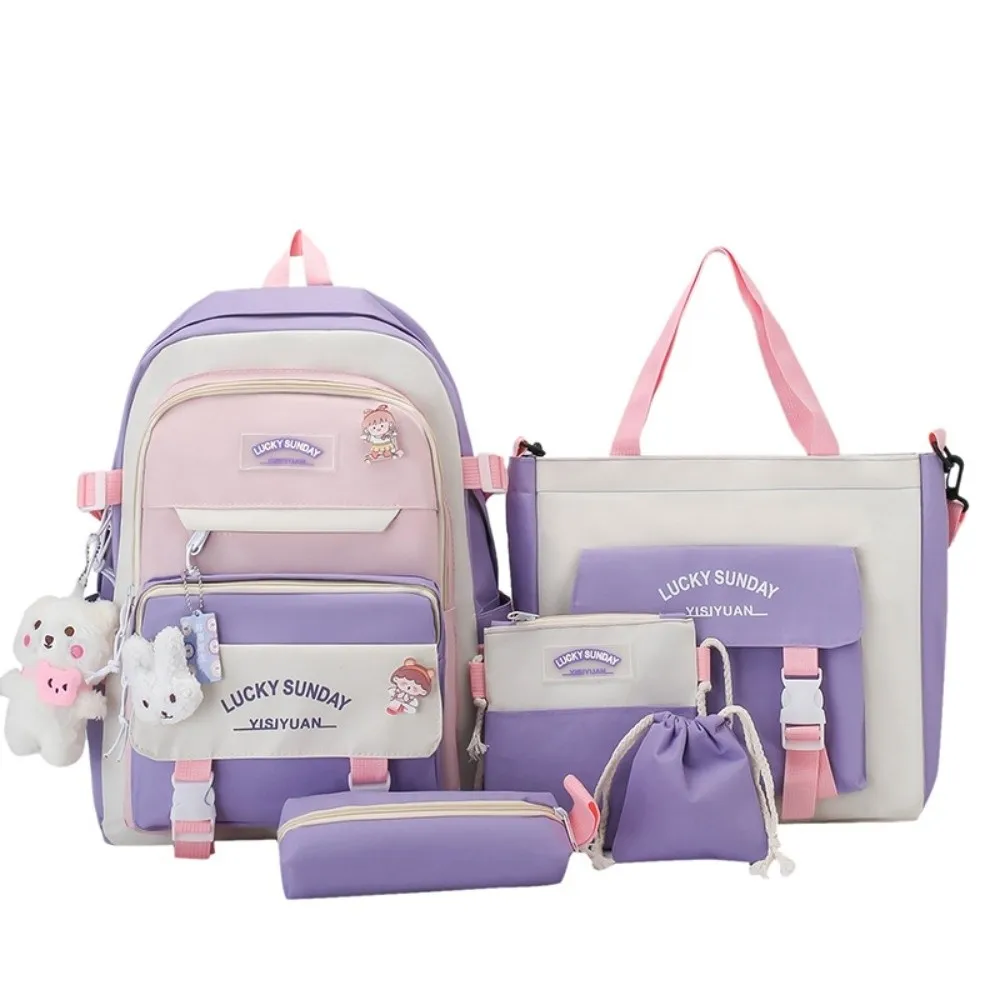 5 Pcs New Large Capacity Backpack Set Breathable Multifunctional Student Schoolbag Buckle Pencil Bag College 1