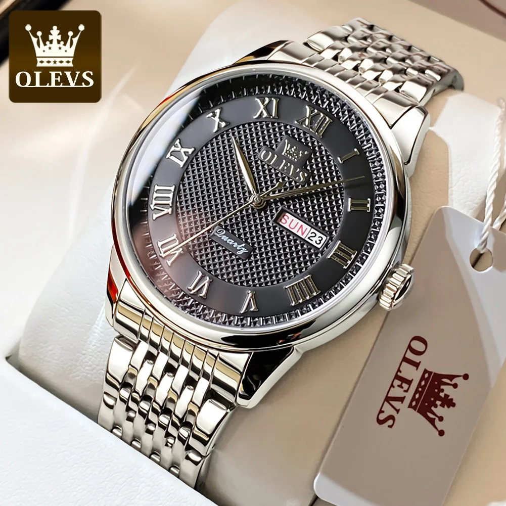 OLEVS New Classic Quartz Watch for Men Stainless Steel Strap Waterproof Fashion Mens Watch Week Date Clock Relogio Masculino
