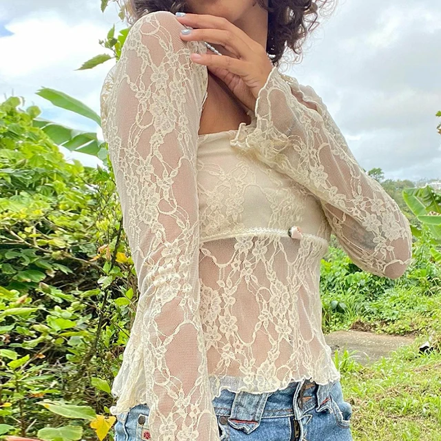 Floral Lace Mesh Sheer 2 Piece Set Long Sleeve Shrug T-shirt Strapless Tube Tops  Fairy Coquette Y2k Vintage Crop Tops Women - Tanks & Camis - AliExpress