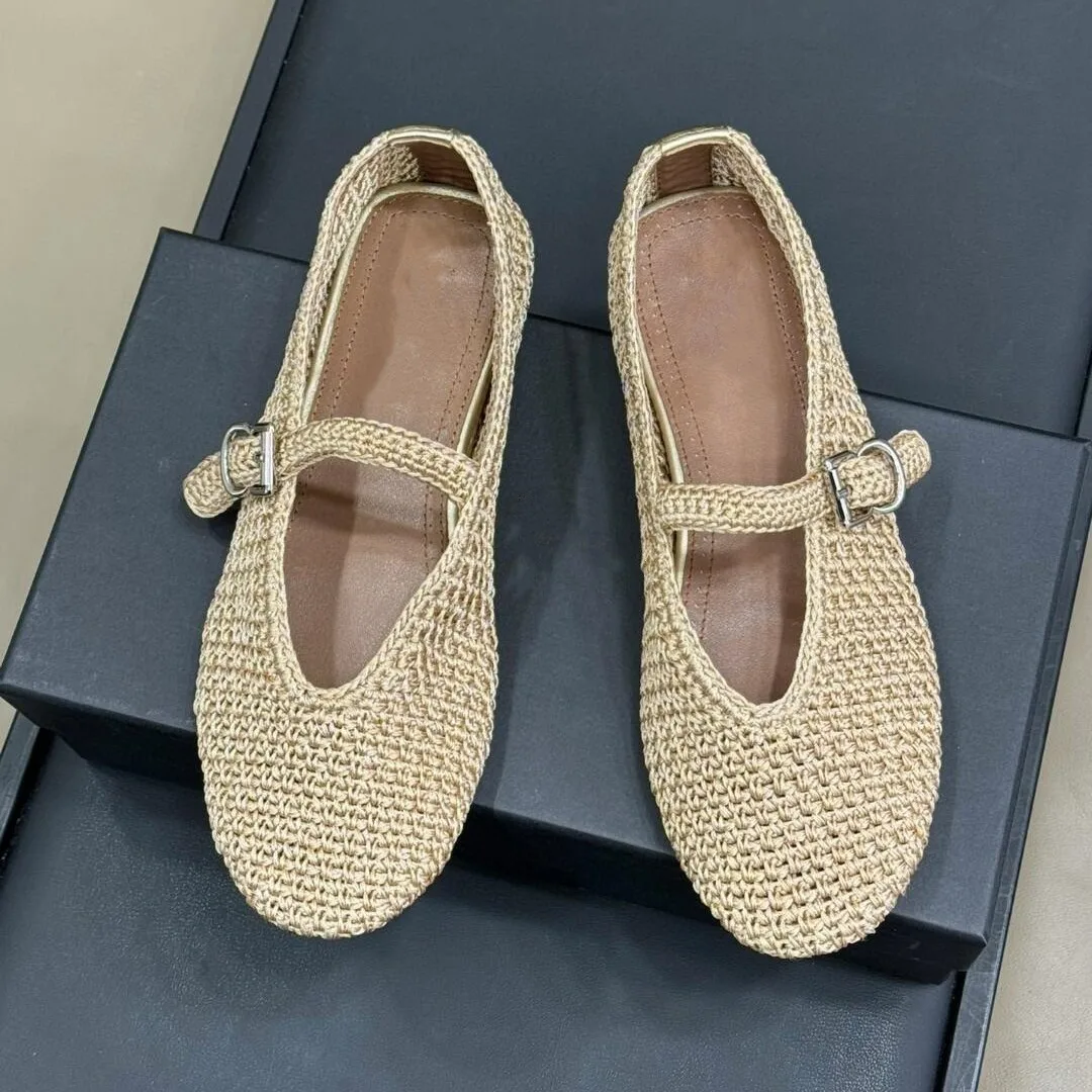 Knitted Hollow Out Flats Mary Janes Shoes Women Spring Summer Breathable Elegant Ballet Shoes Ladies buckle strap Loafers 2025
