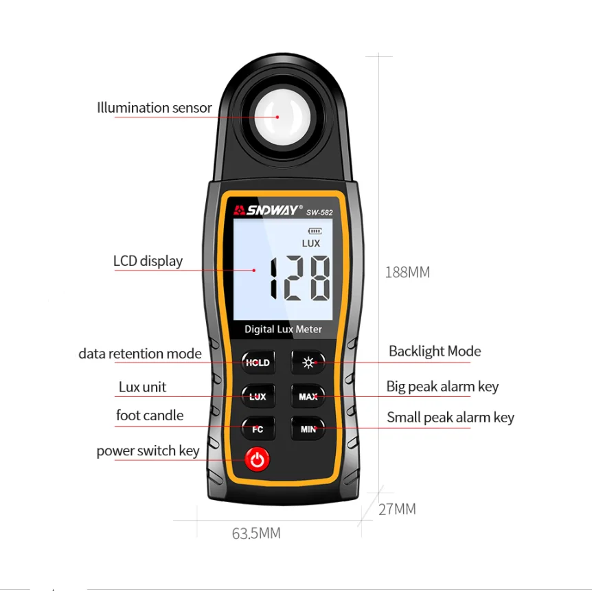 Digital Luxmeter Lux FC, medidor de luz, medidor de fotografia, luminômetro, fotômetro, de mão especialmente iluminado, 200000Lux