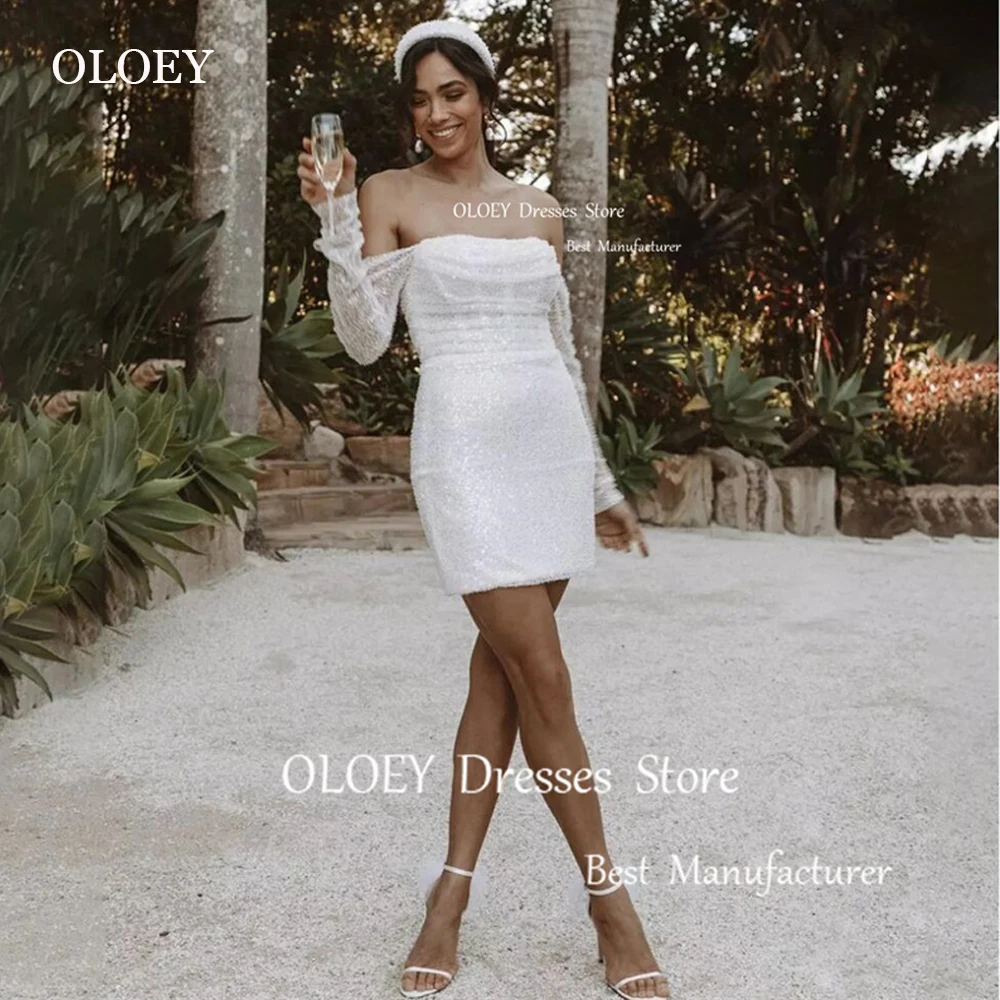 

OLOEY Glitter Short Wedding Dresses Off the Shoulder Long Sleeves Sparkly Mini Sexy Brial Gowns Shiny Bride Party Dress