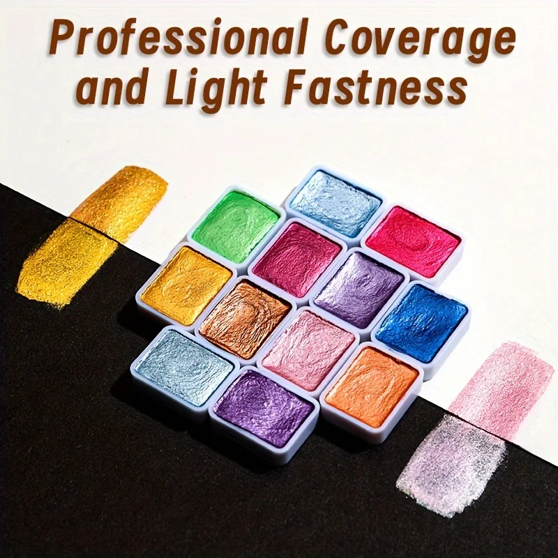 60가지 색상 금속 수채화 물감 세트, 성인, 아티스트를 위한 그림, 쓰기를 위한 3개의 플랫, 포인트, 파인 팁 페인트 브러시 포함