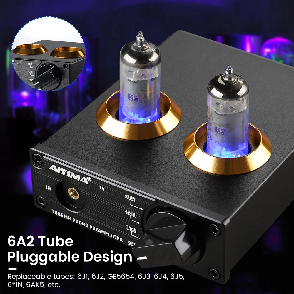 AIYIMA T3 HiFi Vacuum 6A2 Tube MM Phono Preamplifier Vinyl Record Player Stereo Tube Pre amp Amplifier Turntable Phonograph 12V 3