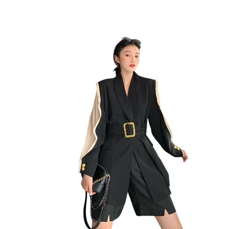 New High Quality Spring Autumn Fashion Blazer Jacket Women Patchwork Belted Style Runway Blazers Coat Ladies Outwear