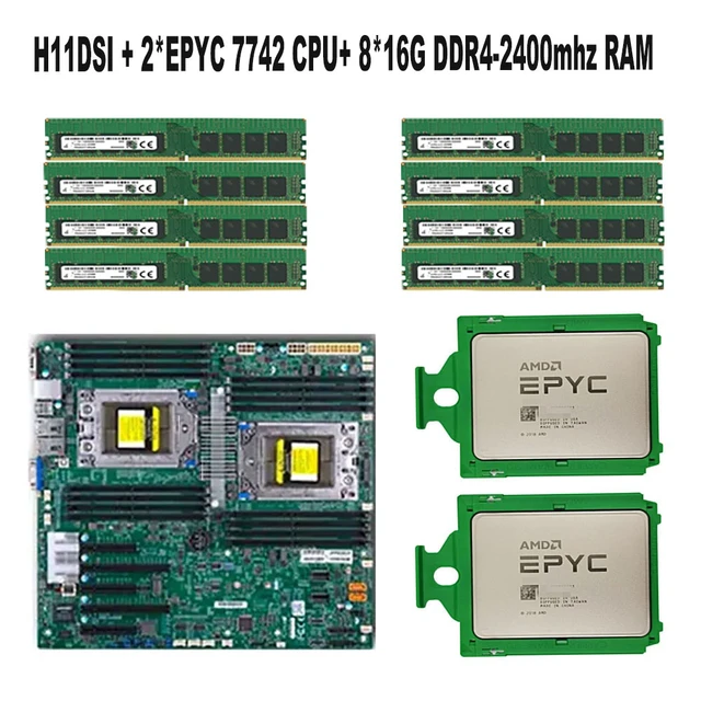 For Supermicro H11DSI Motherboard +2* EPYC 7742 64C/128T 180W CPU  Processor+8* 16GB DDR4-2400mhz RECC RAM Memory 100%Tested well