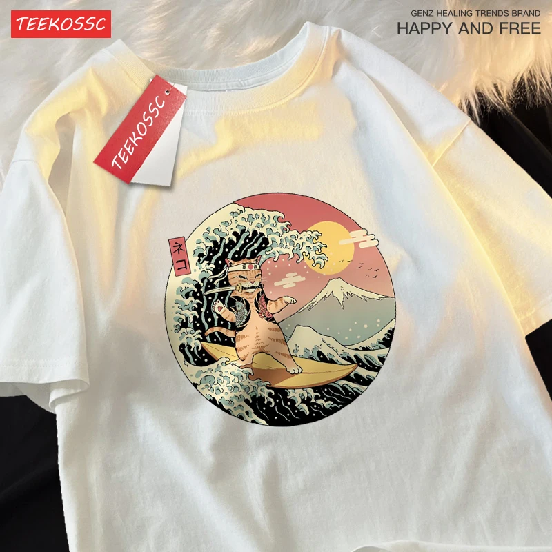 Japanese Harajuku Surfing Cat Print Tshirts Men Women Creativity O-Neck T Shirts Cotton Summer Tops Cartoon Loose Street Clothes