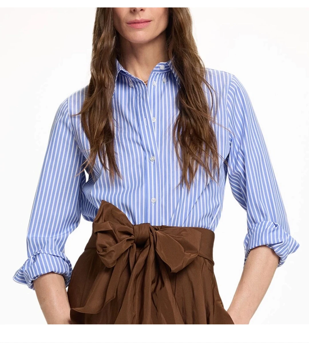 CH Neue Trend Mode Hemd Hohe Qualität Blau und Weiß Vertikale Streifen Marke Brief Label Zubehör frauen Langarm Hemd – Detail 5