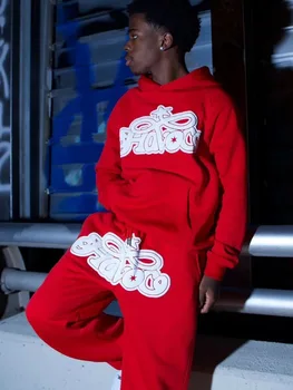 Y2K Harajuku Hip-hop 2 Piece Set Slim Hooded Tops Casual Sweat Pants Suit Men Women Fashion Letter Printed High Street Clothing 1