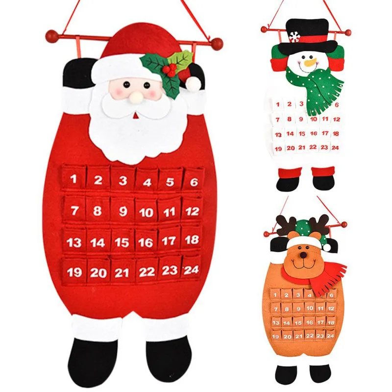3 Style Wall Hanging Christmas Decorations 24 Days Santa Snowman Elk Reusable Xmas Countdown Calendar Christmas Advent Calendar