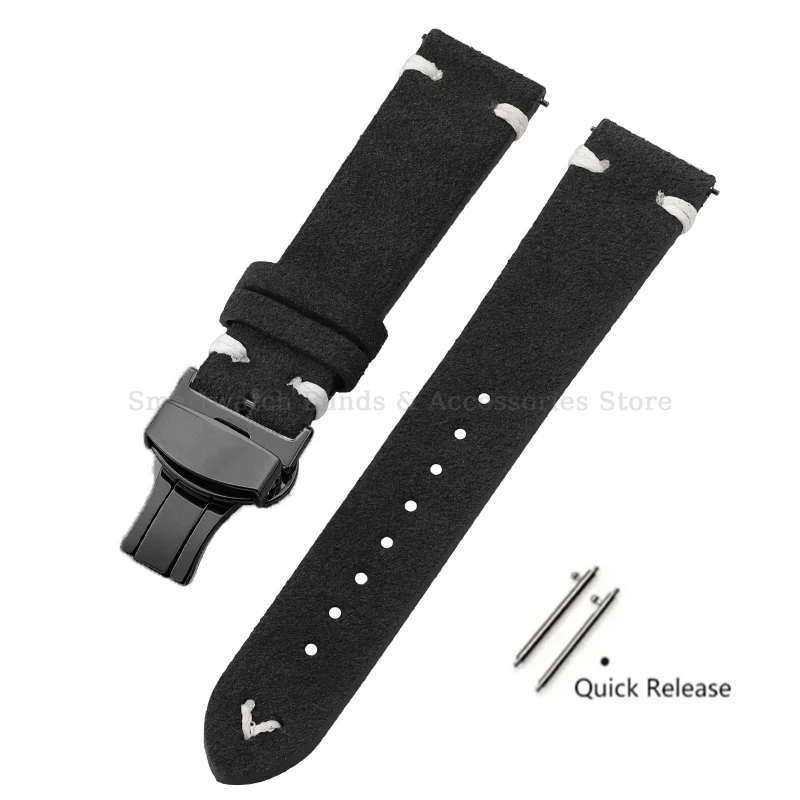 Vintage Handmade Suede Stitch Leather Watch Strap with Quick Release and Folding Clasp