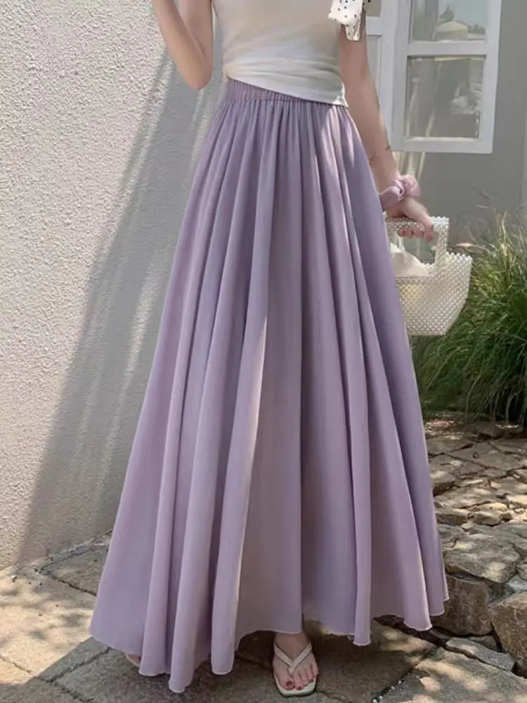 2025 New Women's Chiffon A-Line Maxi Skirt: High Waist Flowy Hem with Elegant Drape & Wide Silhouette 4