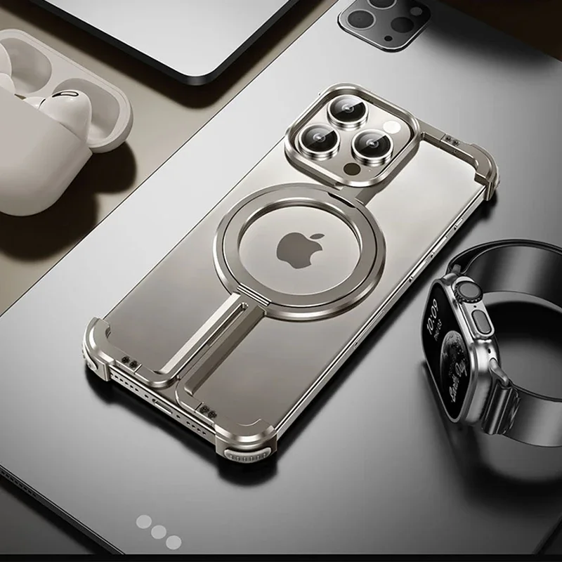 

Luxury Aluminum Alloy Frameless Hollow Magsafe Magnetic Holder Phone Case For iPhone 15 12 13 14 Pro Max Plus Metal Frame Cover