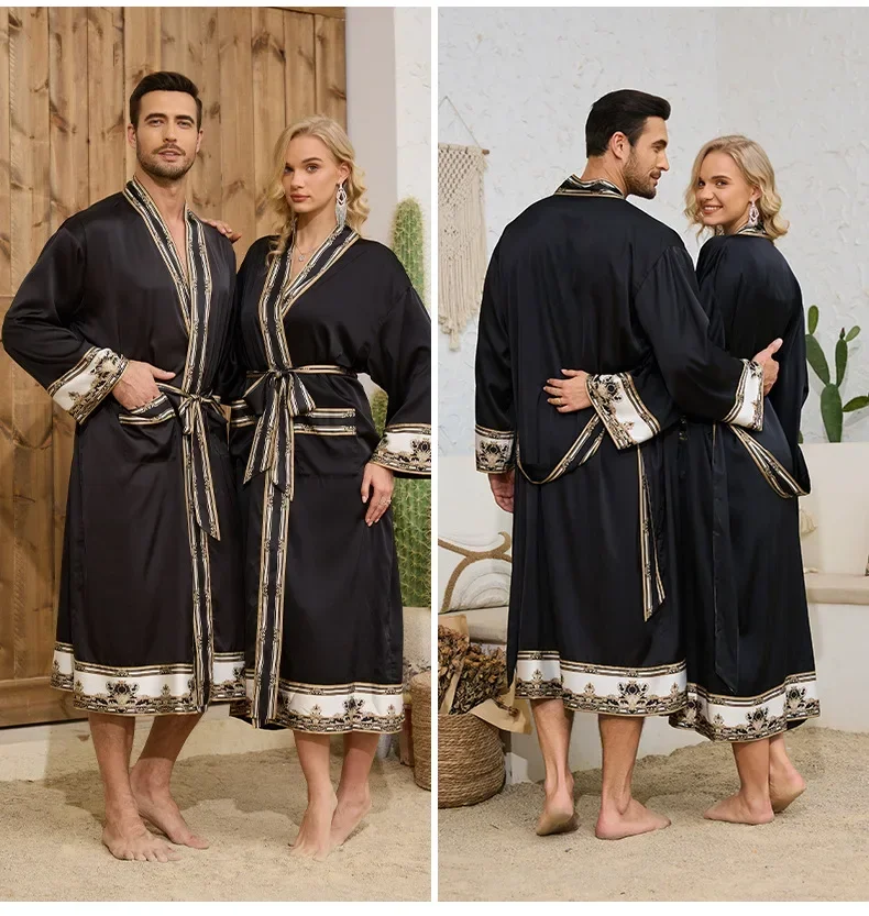 Elegant Baroque Print Silk Satin Kimono Robe