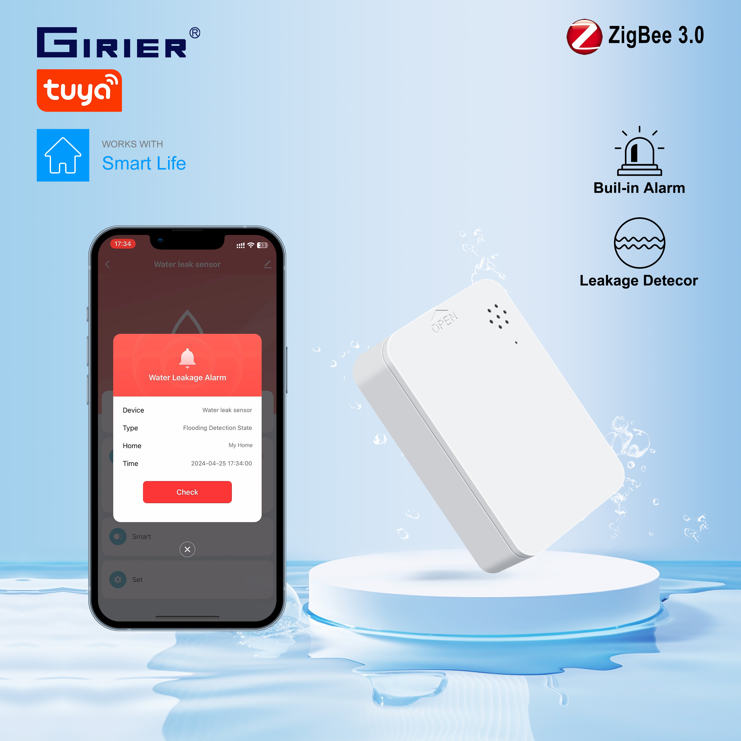 GIRIER Tuya Smart Water Leak Sensor ZigBee Leakage Detector Built-in Smart Siren Alarm for Home Security Supports APP Monitoring