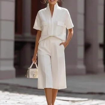 Women's Vacation 2-Piece Set High-Waisted Fit Seven-Eighths Pants Front Pockets Crewneck Pocketed Short Sleeve Solid Color Shirt 1